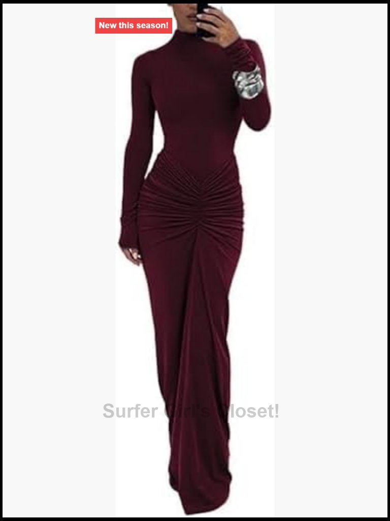 Long Sleeve Maxi Turtleneck Bodycon Ruched Dress For Party